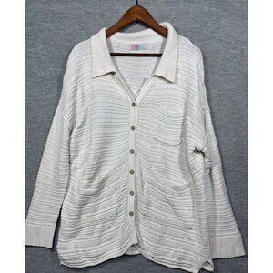 FP Free People Beach Cardigan Sweater M White Button Down Knit 100% Cotton